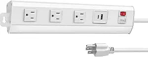 Under Cabinet Power Strip with Light, 3 Outlets, PD20W USB-C, White