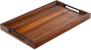 Acacia Wood Serving Tray with Handles, Large Wooden Ottoman & Coffee Table Tray 16.5"x12" with 2 Silicone Mats  Decorative Wooden Serving Tray for Breakfast in Bed, Kitchen, Bar & Home Dcor