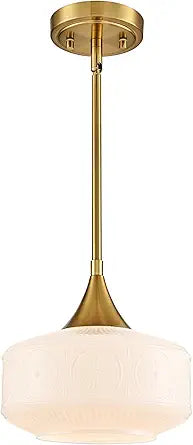 DAYCENT Gold Pendant Lights Kitchen Island Milk Glass Light Fixtures 9-Inch Modern Brass Chandelier Hardwired Vintage Glass Pendant Lighting for Dining Room Hallway Living Room, E26