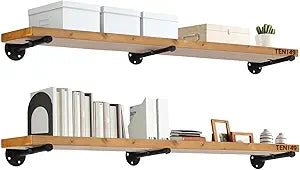TEN49 Real Wood Rustic Floating Shelves Wall - 48 Wide Small Wooden Industrial Pipe Shelving - Farmhouse Pipe Wall Shelves Furniture Bathroom Decor Art Shelf Kitchen - Light Walnut Color - Set of 2
