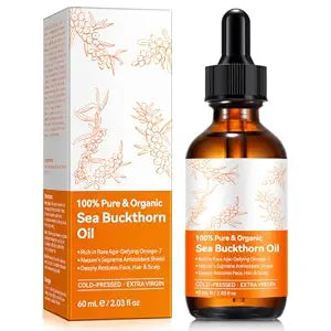 Organic Sea Buckthorn Oil, 100% Pure Unrefined Cold Pressed Sea Buckthorn Oil for Hair & Face and Nails, Rich in Rare Age-Defying Omega-7, Vitamin E, Omega Fatty Acids, Anti-Aging & Dry Skin Care
