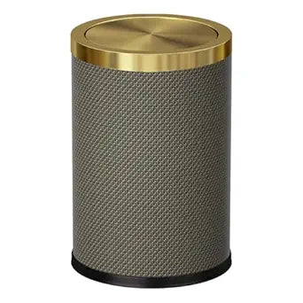 2.4 Gallon Bathroom Trash Can with Lid, Pu Leather Modern Garbage Can, Round Decorative Waste Basket, for Near Desk, Powder, Bedroom, Hotel, Office, Home (9L-Checked Grey)