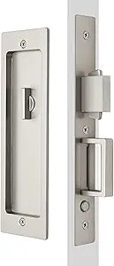 Rectangular Privacy Pocket Door Mortise Lock and Edge Pull, Narrow Modern Sliding Door Pop-Up Handle, (Bed/Bath) Pull Latch, Recessed Hardware for 1 3/8 to 2 3/16 Thickness Door (Brushed Nickel)