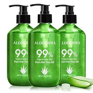 Aloderma Aloe Vera Gel Made within 12 Hours of Harvest with 99% Pure Organic Aloe Vera - Pump Bottle - Ideal for Face and Body, Soothing & Hydrating Sunburn Relief, Great for Scalp & Hair - 3 x 10.6oz