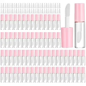 100PCS 1.2ML Clear Mini Lip Gloss Tube Bulk Empty Lipgloss Tubes with Wand and Rubber Insert for Different Samples Travel Split Charging DIY Makeup(Pink)