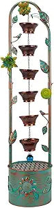 40" Vintage Metal Floor Water Fountain - Soothing Waterfall Outdoor Fountains with 6 Hanging Cups for Garden Patio Backyard Deck Decor, 1105 - Rusty Bronze Leaves