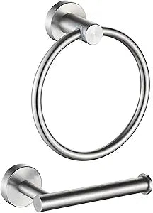 MARMOLUX ACC 2-Pc Bathroom Hardware Set - Hand Towel Holder for Bathroom Wall - Toilet Paper Holder Stand Wall Mount - Towel Holder Hanger Rack Stainless Steel Bathroom Set Towel Ring - Brushed Steel