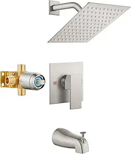 Airuida Shower Faucet Set with Tub Spout Bathtub Faucet Kit Shower Tub Faucet Set Complete Tub Shower Trim Kit with Solid Brass Rough-in Valve and Rainfall Square Showerhead,8 Inch-Brushed Nickel