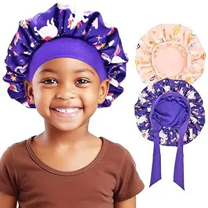 Lolalet 2 PCS Kids Bonnets for Girls, Reversible Silk Bonnet for Sleeping Satin Bonnet Cap with Wide Elastic Band -Purple & Pink