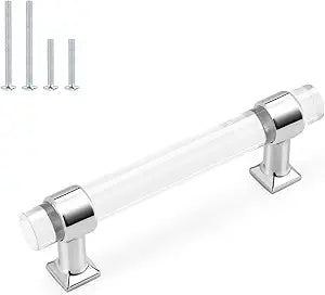 Probrico 15 Pack Polished Chrome Kitchen Cabinet Handles 3-1/2 Inch Hole Center Cabinet Pulls, Zinc Alloy with Clear Acrylic Drawer Knobs for Bedroom and Bathroom Cabinets