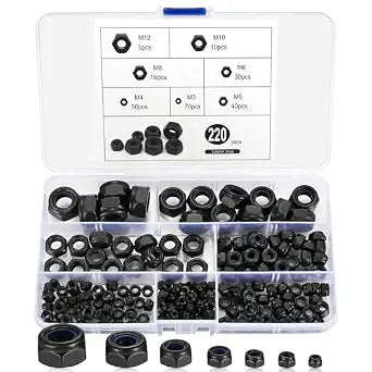 Nylon Insert Lock Nuts, 220pcs Hex Self-Locking Nuts, Carbon Steel Black Locknuts, Hex Drive, M3 M4 M5 M6 M8 M10 M12
