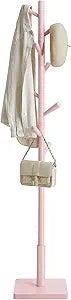VASAGLE Solid Wood Coat Rack, Free Standing Hall Coat Tree with 8 Hooks, 3 Height Options, for Coats, Hats, Bags, Purses, for Entryway, Hallway, Rubberwood Hooks and Pole, Jelly Pink URCR010R01