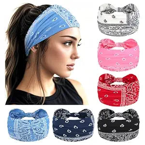 YARIEW Boho Wide Bandana Headbands - Stretch Knotted Elastic Head Wraps for Women, Yoga, Workout, and Hair Accessories (6 Pack)