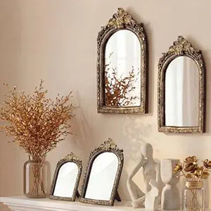 Thyle 4 Pcs Vintage Gold Mirror Set Rectangle Wall Mirror Hanging Antique Art Decor Arch Retro Resin Baroque Decorative for Makeup Gallery Desk Bedroom Bathroom (13x9 10x7 8x5 7x4)(Dark Color)