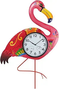 Large Outdoor Clock Silent Non-Ticking, Outdoor Wall Clock with Thermometer & Humidity Decorative Outdoor Clocks for Patio, Garden, Home Decor(Pink Flamingo)
