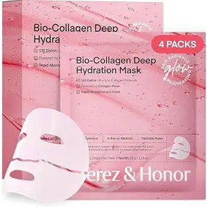 TEREZ & HONOR Real Deep Bio Collagen Face Mask - 4 x 33g Korean Hydrogel Overnight Masks for Deep Hydration, Glowing, Pore Minimizing, Elasticity, Fragrance-Free, 100 Da Ultra-Low Molecular Collagen