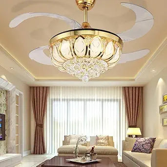 42" Retractable Ceiling Fans with LED Light Remote Control 4 Invisible Clear ABS Blades Livingroom Diningroom Fan Chandelier Indoor Ceiling Light Kits with Fans (42 Inch, Gold A)