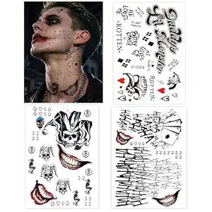 Large Temporary Tattoos for Halloween - 4 Sheets Crazy Clown & Playful Goth Girl Designs, Big Waterproof Fake Skin Stickers for Costume Parties