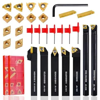 Indexable Lathe Turning Tool 21Pcs Kit 5/8" (16mm) Shank, Includes 7Pcs Metal Lathe Tool Holders and 14Pcs Carbide Inserts for Turning Boring Grooving Cutting Threading Carbide Turning Tool