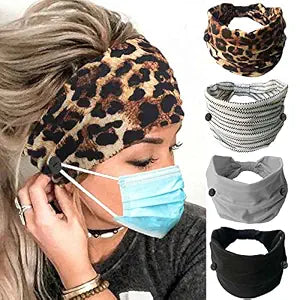 Olbye Leopard Button Headband Wide Elastic Nurse Head Bands Workout Yoga Sports Hair Band Non Slip Turban Headwrap Mask Ear Saver Sweatband Boho Hair Accessories for Women 4Pcs (#1 Leopard)