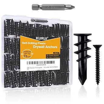 KURUI 140PCs #8 Self Drilling Drywall Anchors, Heavy Duty Dry Wall Anchors and Flat Head Screws Kit, 75LB Hanging for Picture Frames, Wall Decor Art and Curtain Rods, Sheetrock Hangers - Black