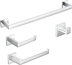 BAGNOLUX Bathroom Hardware Set 4 Pieces, Bath Towel Holder Set SUS304 Stainless Steel, Towel Bar Rack Set for Wall Mounted, Square Bathroom Accessories Set Fixture Heavy Duty Polished Chrome