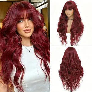 Burgundy Wig with Bangs for Women, Long Wavy Red Wig 26 Inch Wigs Heat Resistant Sythetic Wig for Daily Party Use