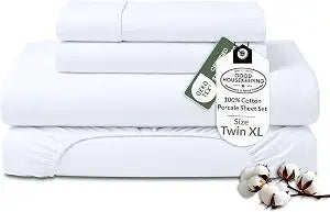 ROYALE LINENS 100% Organic Cotton Twin XL Sheet Set - Percale Weave - 3 Pieces Set - 1 Flat, 1 Deep Pocket Fitted Sheet and 1 Pillowcases - White Bed Sheets - S��banas Twin XL - Crisp Cool (White)