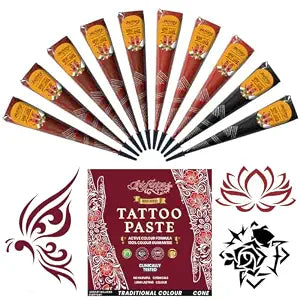 Temporary Tattoo Cone Kit:10 Pcs 3 Color (5 Reddish-Brown/2 Black/3 Cherry)