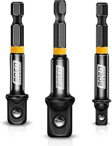 BOEN Impact Grade Socket Adapter Set, 3-PCS Drill Bit Adapter with Bit Holder, Sizes 1/4", 3/8", 1/2", 1/4-Inch SAE Hex Shank, Cr-V with Black Phosphate Finish