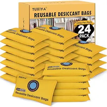 TUXIYA 24Pack(200g Each) Rechargeable Silica Gel Desiccant Packets,Color Indicating Desiccant Packs for Storage,Moisture Absorbers for Storage Bins,Suitcase,Safes,3D Filaments,Wet Zones and Cars