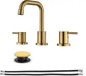 Brushed Gold Bathroom Faucet 3 Hole, 8 Inch Widespread Bathroom Sink Faucet with Pop-Up Drain & Supply Lines, 2-Handle High Arc Deck Mount Vanity Lavatory Faucet, Lead-Free Zinc Alloy, 1.2 GPM