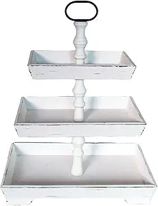 Large Rectangle Tiered Tray Stand 3 Tier Serving Tray Rustic Farmhouse Kitchen Decor with Metal Handle and Distressed Tiered Tray Stand Tiered Dessert Stand Cake Stand (White)