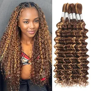 Human Braiding Hair 18 Inch 6 Bundles Human Hair Braiding Hair No Weft Deep Wave Bulk Human Hair for Braiding Hair Extensions for Boho Braids Wet and Wavy 150g P4/27#