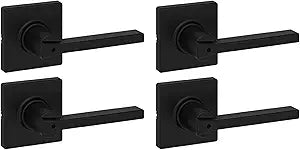 Kwikset Casey Interior Privacy Door Handle with Lock 4 Pack, Door Lever for Bathroom and Bedroom, Matte Black Reversible Keyless Turn Lock, with Microban Protection