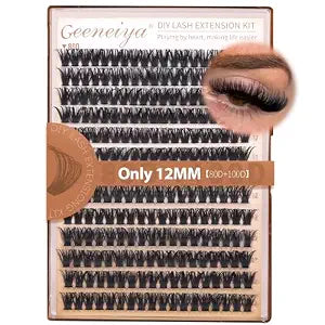 Geeneiya 12MM Volume Lash Clusters D Curl Cluster Eyelash Extensions Thick Cluster Lashes Only 12MM 80D+100D DIY Lash Extension Waterproof