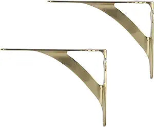 Set of 2 Shelf Brackets for 8", 10", 12" Shelves - Polished Brass Finish - 9.88" X 7.38" Heavy Duty Brass L Brackets for Wall Shelves Hardware Included,