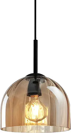 Modern Amber Glass Pendant Lights, Nordic Boho Dome Chandelier, 7.86" Bell Lamp Shape Hanging Ceiling Lighting Fixtures Kitchen Island Dining Room Table, Vintage Lampshade