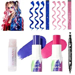 Halloween Cosplay Costume Accessories, 2 Pink and Blue Face Body Paint Stick 1 Glitter Stick 8 Clip-in Hair Extension 1 Heart Stamp Eyeliner Party Festival Cosplay Makeup