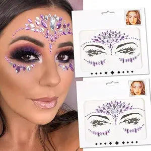 Purple Rhinestone Face Stickers 2-Pack ï¿½ï¿½ï¿½ï¿½ï¿½ï¿½ï¿½ï¿½ï¿½ Self-Adhesive Face Gems for Party, Prom, Halloween & Birthday ï¿½ï¿½ï¿½ï¿½ï¿½ï¿½ï¿½ï¿½ï¿½ Temporary Tattoo Jewelry Stickers ï¿½ï¿½ï¿½ï¿½ï¿½