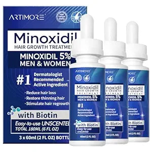 5% Minoxidil Hair Growth Serum for Men & Women with Biotin: Minoxidil for Men and Women, 5 Percent, Hair Regrowth Treatment, Extra Strength (6 FL OZ, Dropper 3pcs)