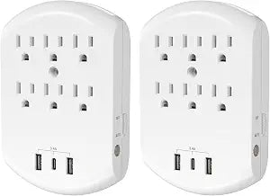 Clear Power 2-Pack USB Wall Charger, 6-Outlet Extender Wall-Tap with 2 USB Charging Ports(1 USB-C) & Nightlight, Multi-Plug Outlets, 3-Prong, White, DC3S-10052P-DC