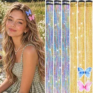 Hair Tinsel Clip in Rainbow Gold Glitter Tinsel Hair Extensions for Girls