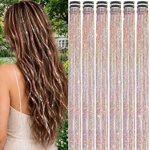 Hair Tinsel Clip In 18 Pcs Gold Silver Pink Fairy Tinsel Hair Extensions