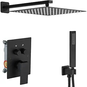 Matte Black Shower System with Push Button Diverter, Wall Mount Luxury 10 Inch Rain Shower Head with Handheld Spray, Shower Faucet Combo Set with Rough-in Valve Body and Trim Kit Included