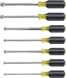 Klein Tools 647 Tool Set, Made in USA, Nut Drivers Sizes 3/16, 1/4, 5/16, 11/32, 3/8, 7/16, 1/2-Inch, Chrome-Plated 6-Inch Shafts, Cushion Grip, 7-Piece