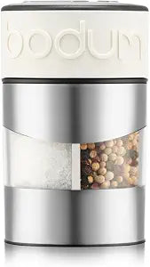 Bodum Twin Dual Salt and Pepper Grinder, Stainless Steel w/Silicone Sleeve, White