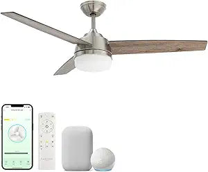 Gale 52in 3-Blade Smart Indoor or Outdoor Ceiling Fan 2700K-6000K CCT Tunable Range LED Light Kit in Brushed Nickel with Weathered Wood Blades Works With iOS or Android App