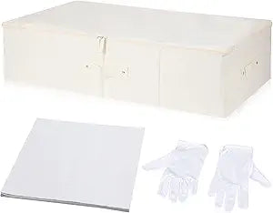 Glenmal Wedding Dress Preservation Box Kit Dress Storage Box with 1 Microfiber Gloves and 100 Sheets Acid Free Tissue Paper for Storage Wedding Clothing Gown(28 x 15.7 x 7 Inch,Beige, White)