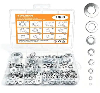 1000Pcs Zinc Plated Steel Flat Washers Assorted Washers for Screws Bolts M2 M3 M4 M5 M6 M8 M10 M12 Hardware Washers Large and Small Washers Kit